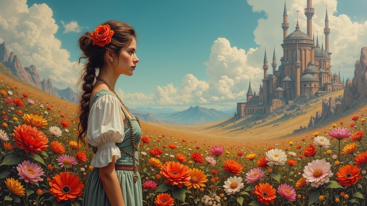 Young woman in floral landscape with distant castle