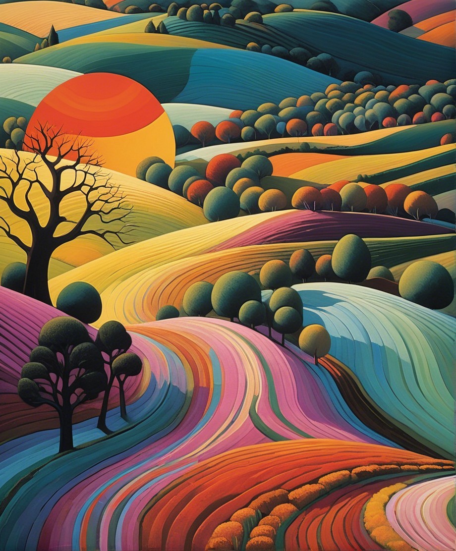 Vibrant Landscape with Colorful Hills and Sunset