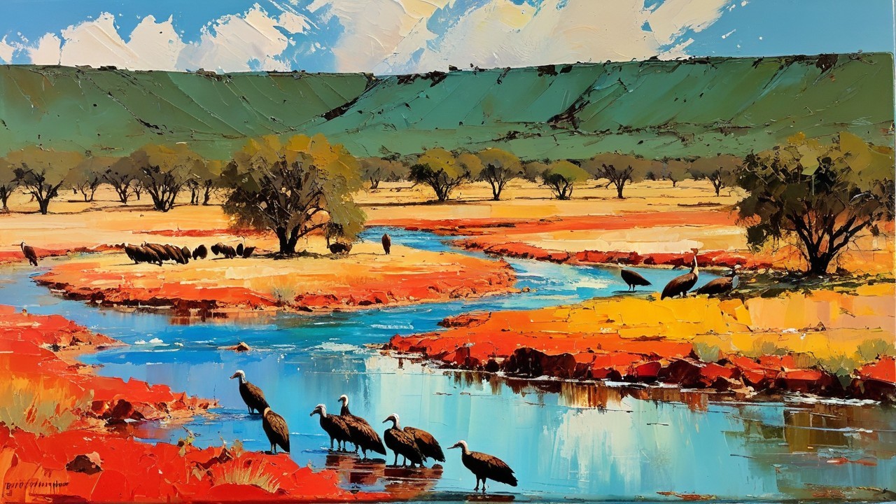 Vibrant landscape with river, birds, and rolling hills