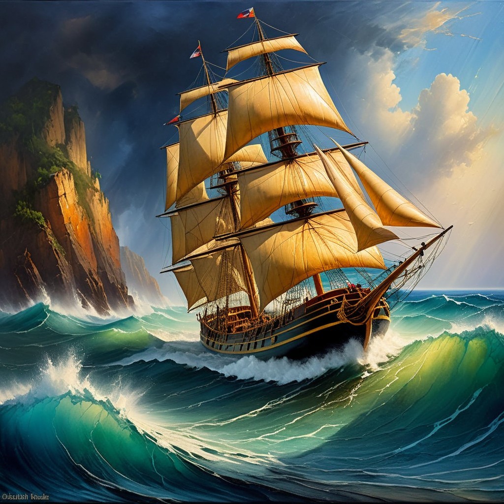 Majestic sailing ship navigating tumultuous ocean waves