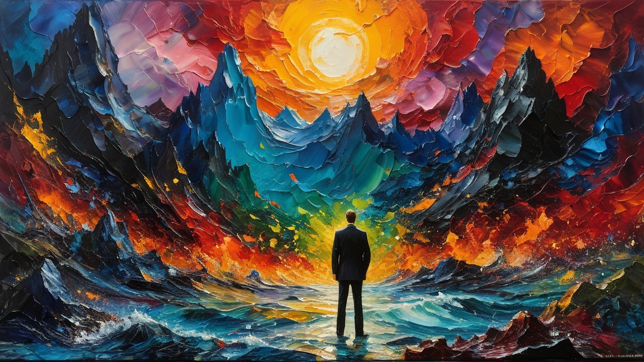 Landscape Painting with Silhouetted Figure and Sea