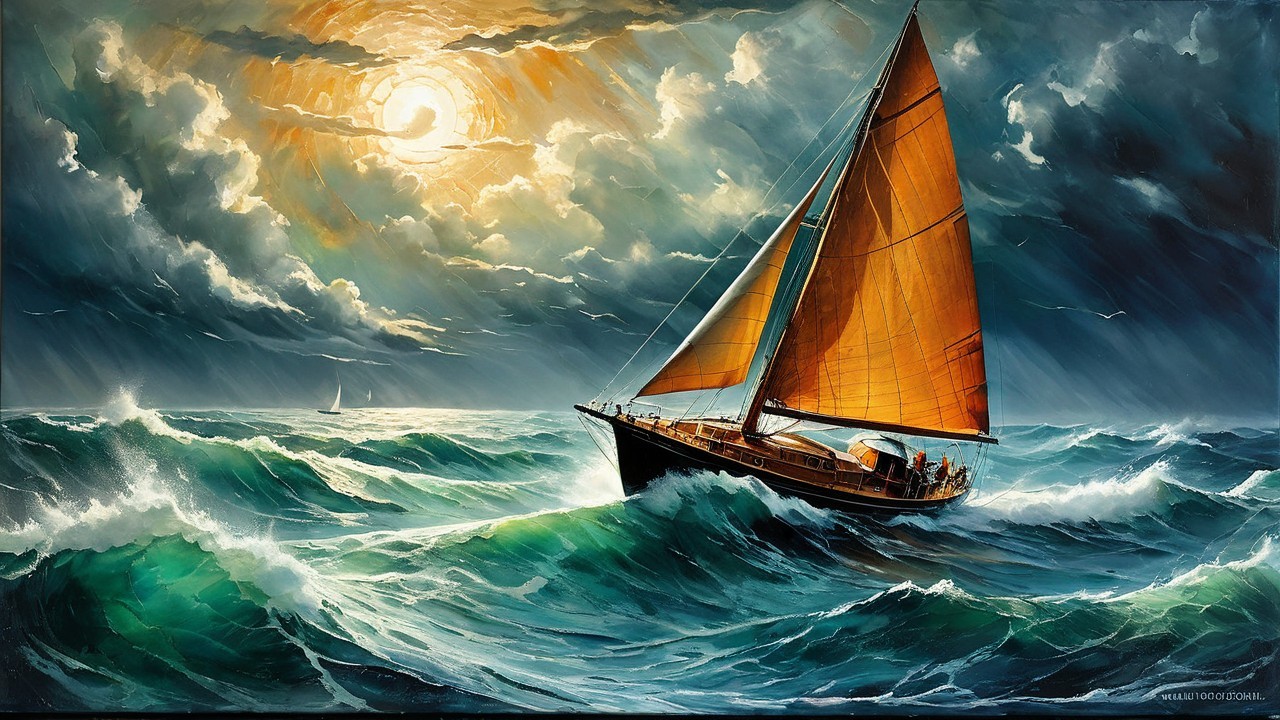 Vibrant Seascape with Sailing Boat and Dramatic Sky