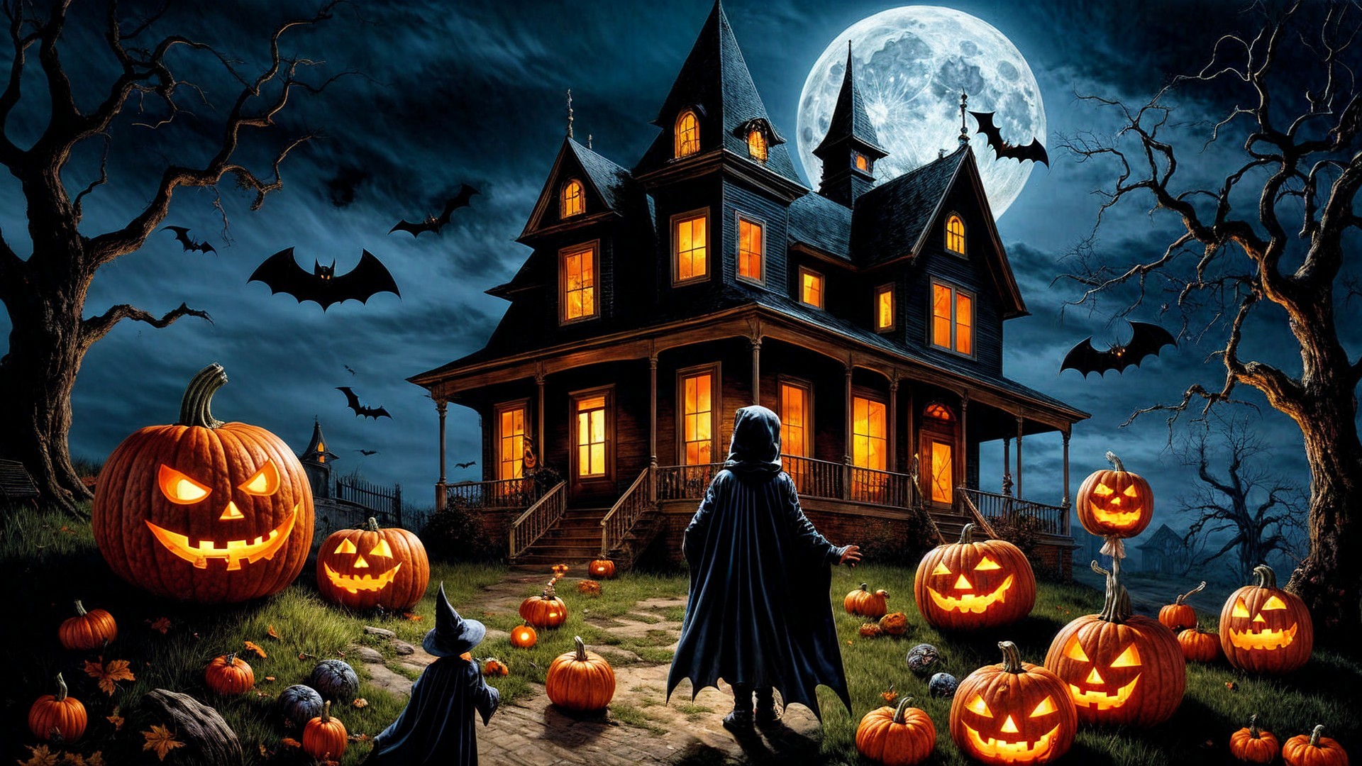 Eerie Halloween Mansion with Pumpkins and Bats