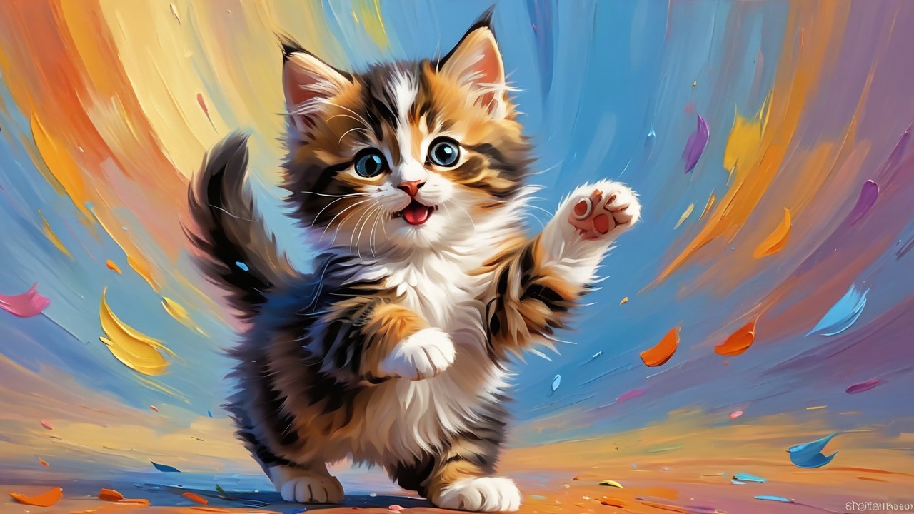 Playful kitten with colorful fur in vibrant setting