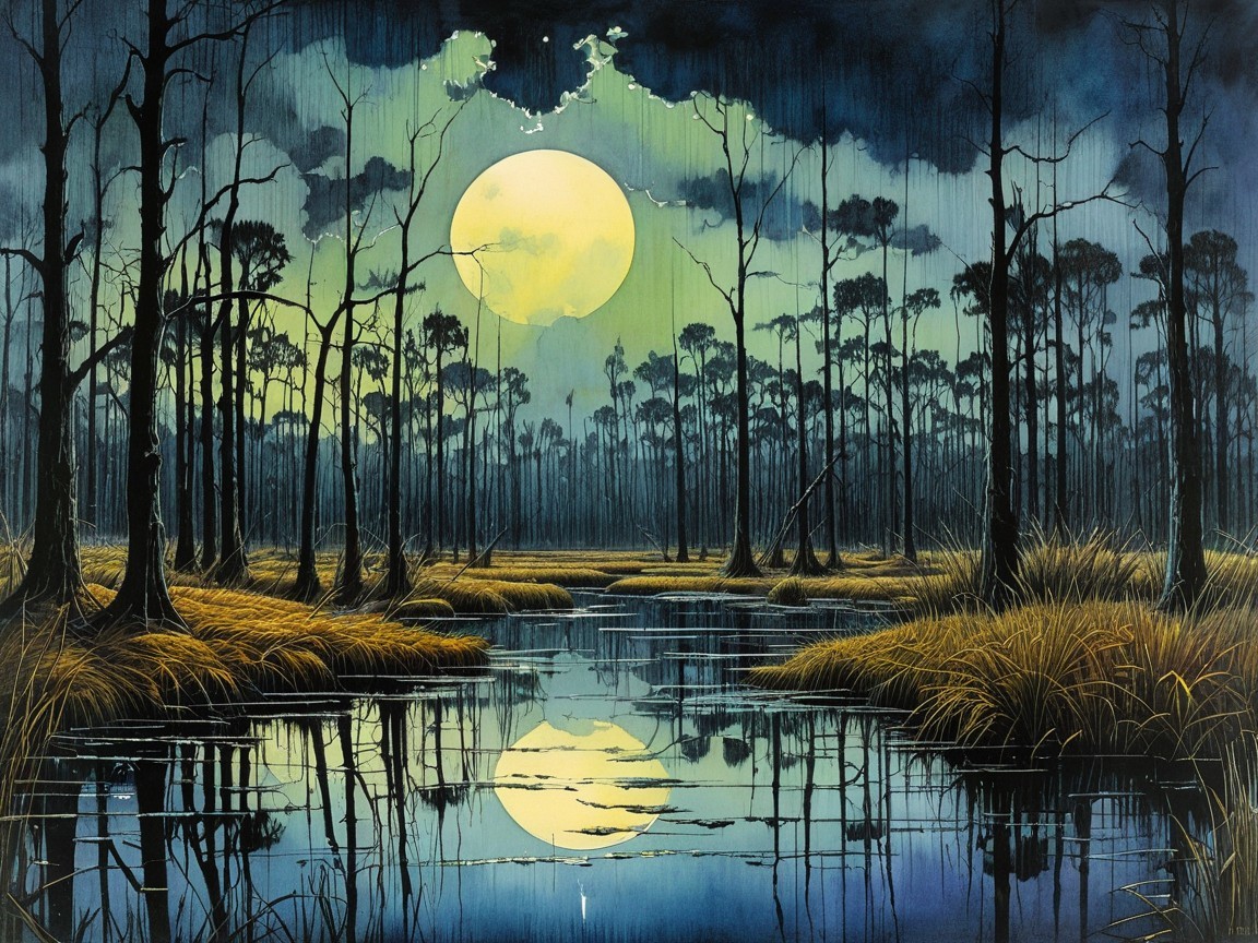 Moonlit Swamp Landscape with Luminous Reflection