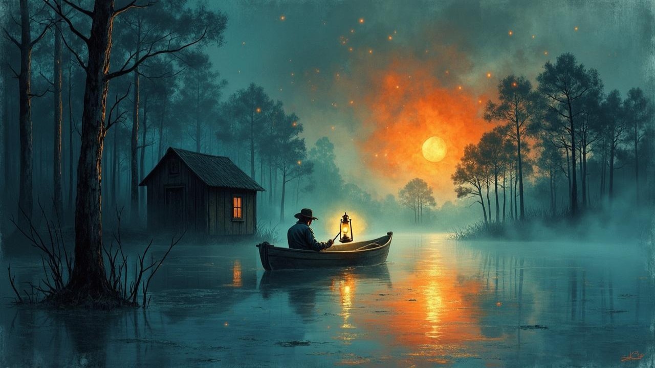 Serene Night Scene with Boat, Lantern, and Lake