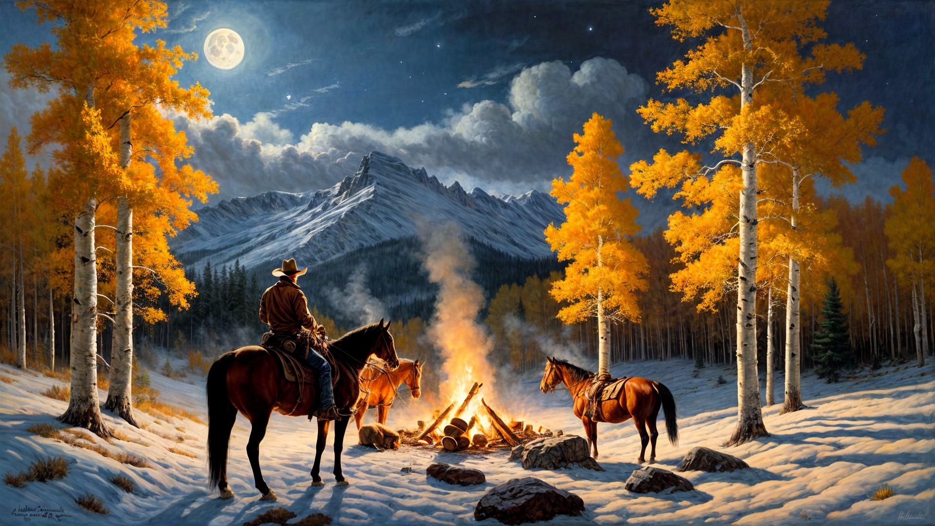 Cowboy by Campfire Under Full Moon and Autumn Trees