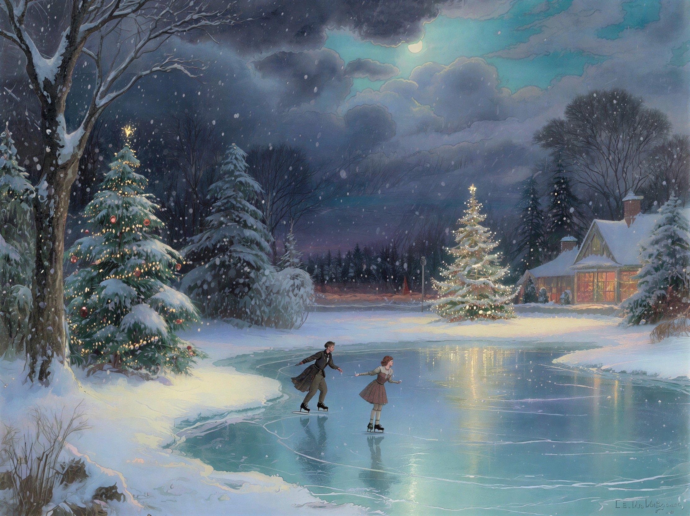 Serene Winter Night with Ice Skating Couple and Lights