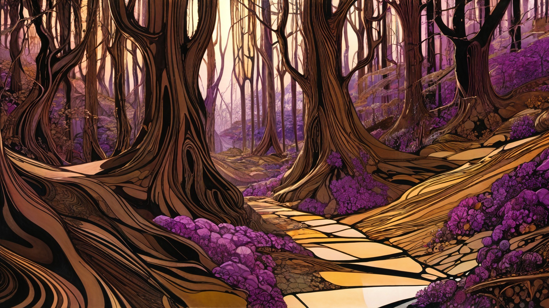 Surreal Forest Scene with Golden Light and Flowers