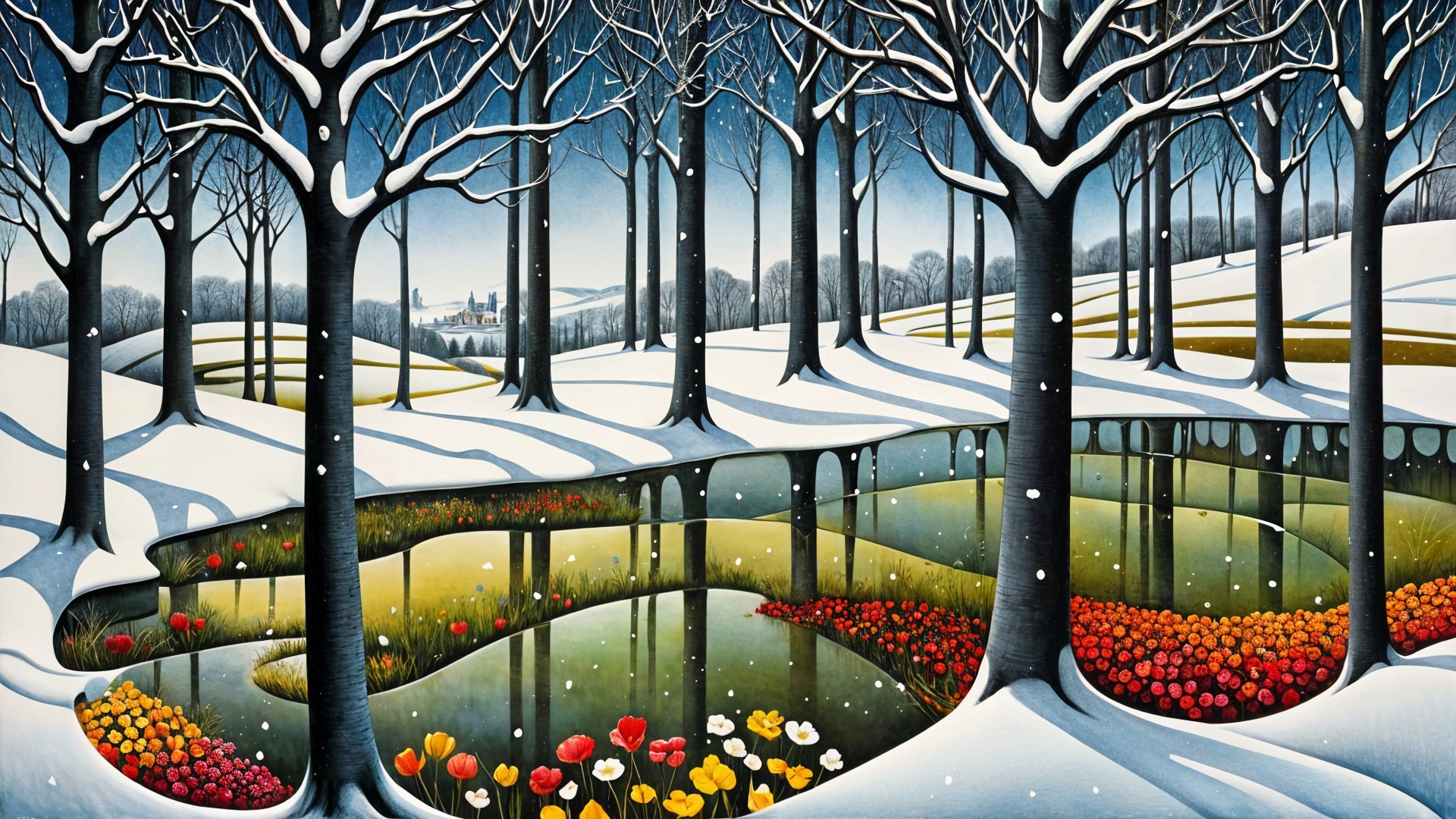 Serene Winter Landscape with Pond and Flowers