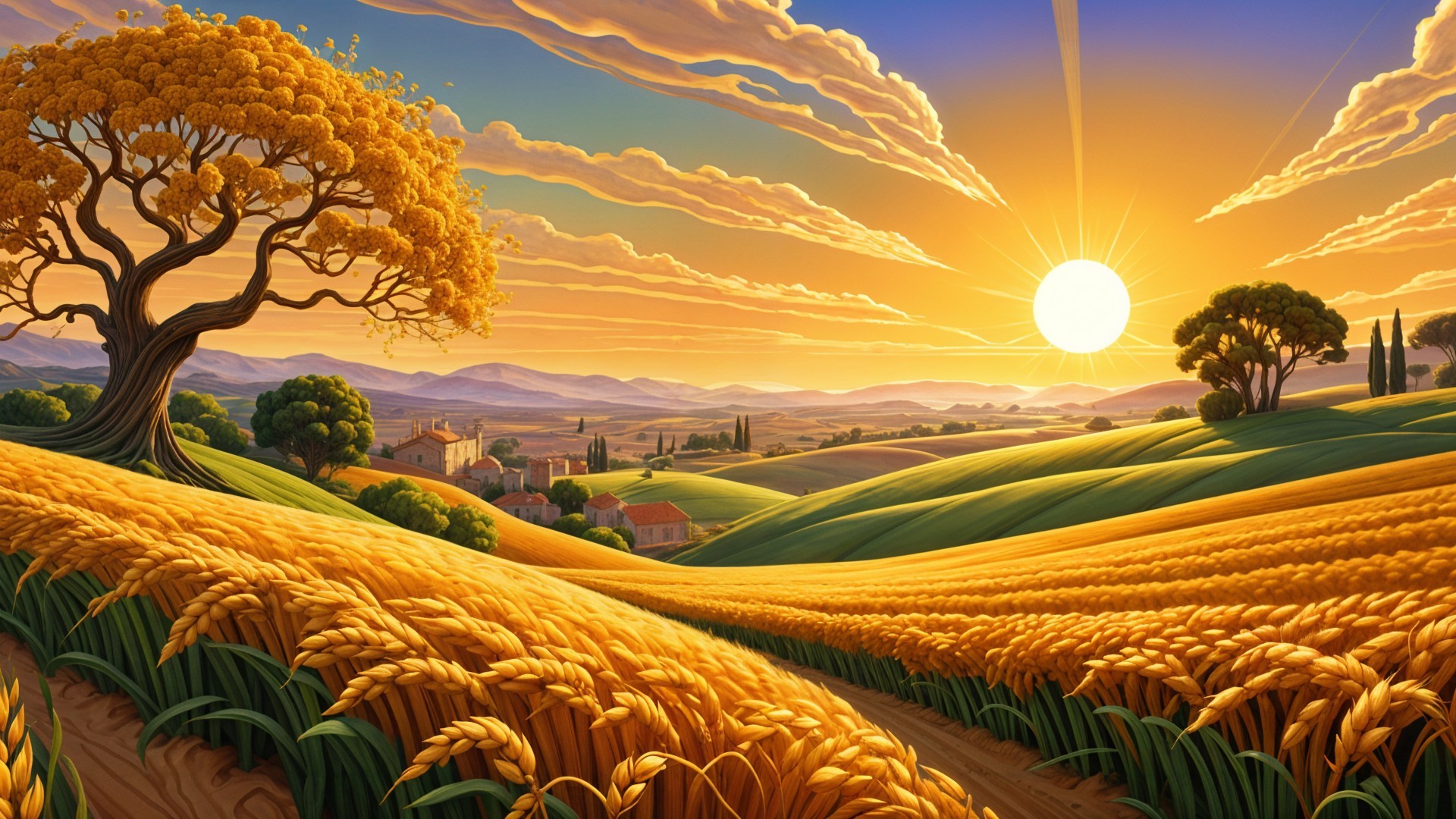 Golden Wheat Fields and Sunset Over a Village Landscape
