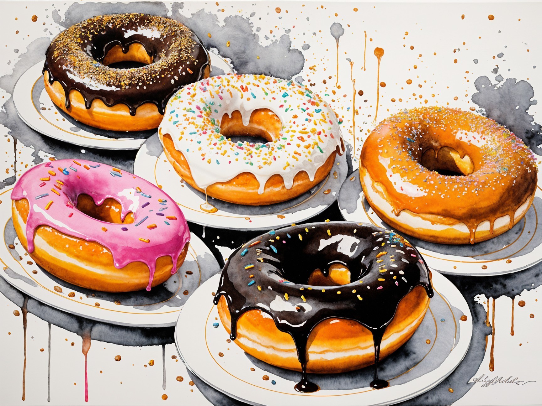 Colorful Arrangement of Five Donuts on White Plates