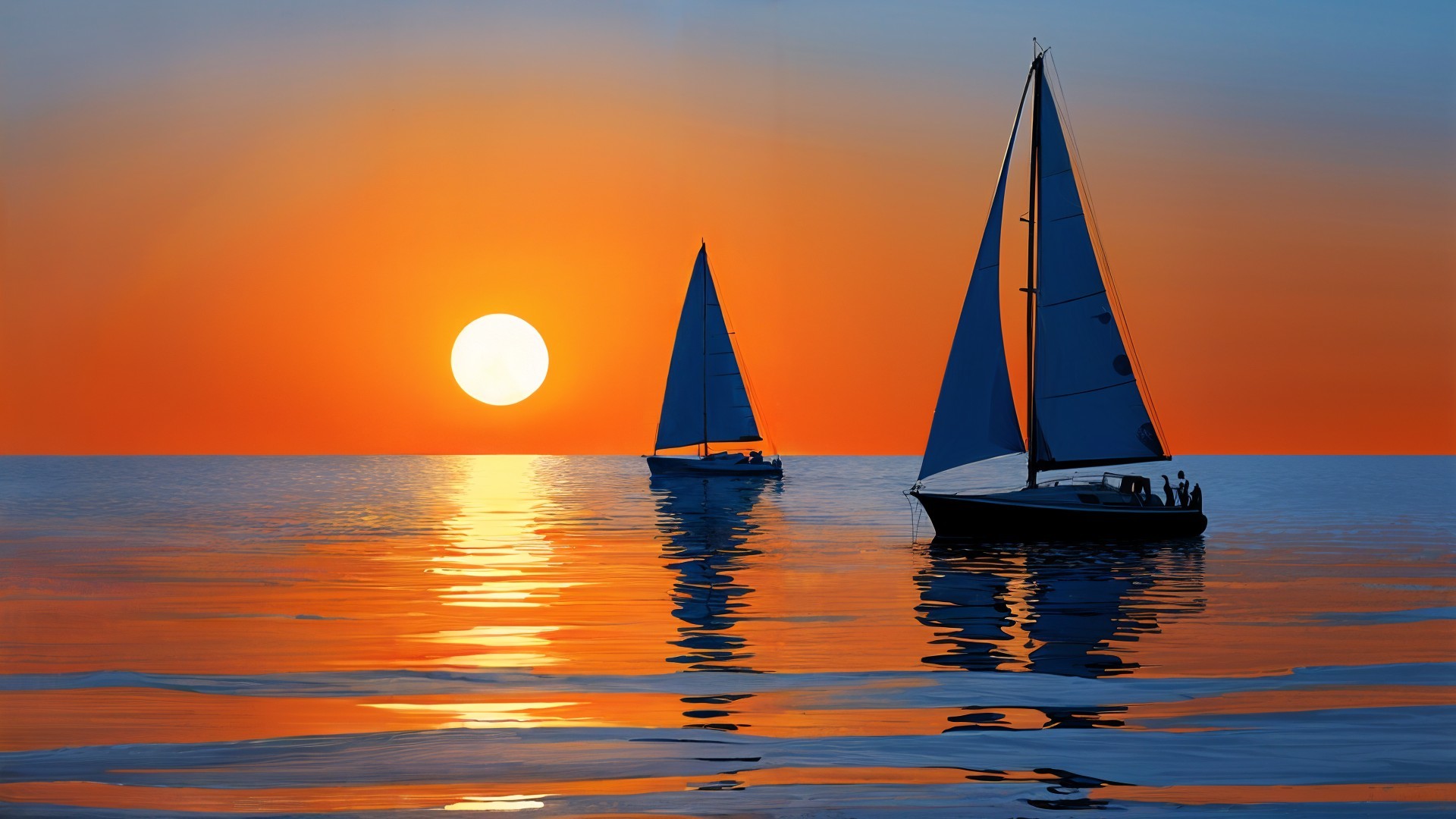 Sailboats on a Calm Sea at Sunset with Vibrant Sky