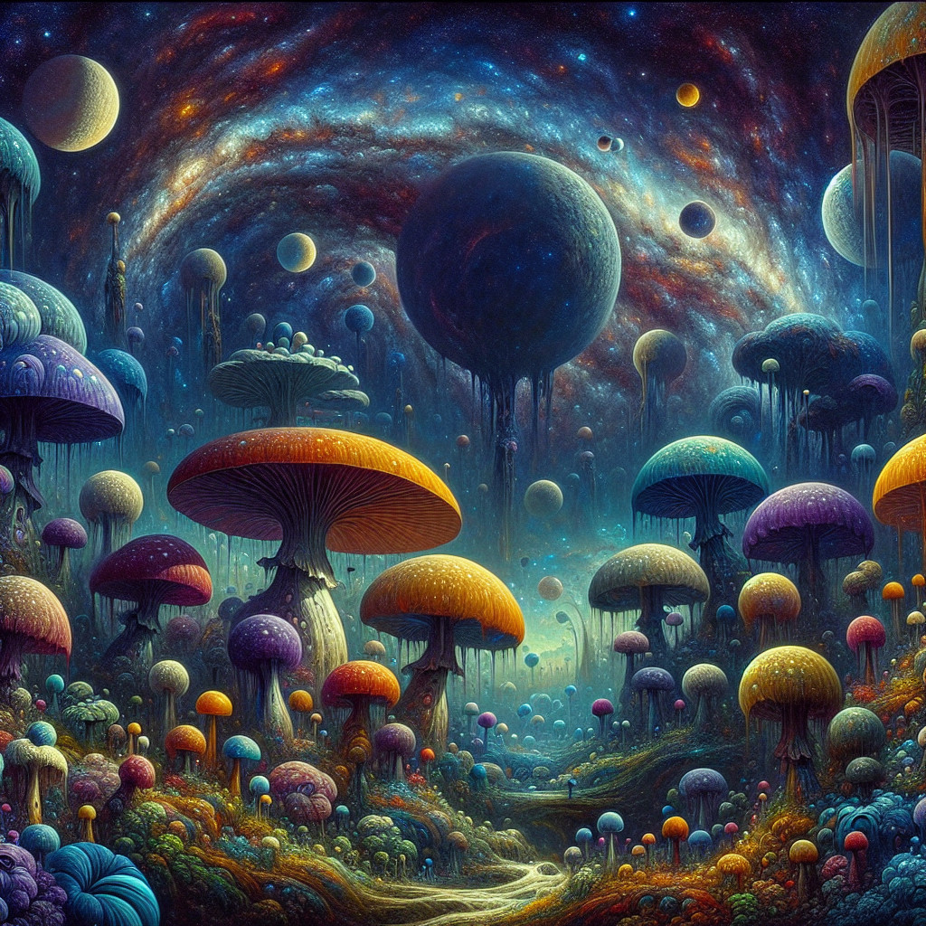 Surreal Landscape with Colorful Mushrooms and Galaxies
