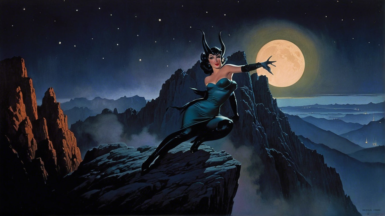 Mystical Figure on Rocky Peak Under Full Moonlight