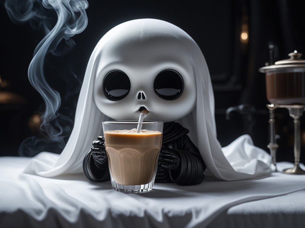 Whimsical Doll Figure in Cloak Sipping Coffee