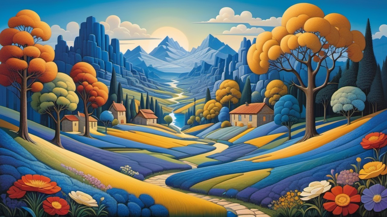 Vibrant Landscape with Rolling Hills and Colorful Fields