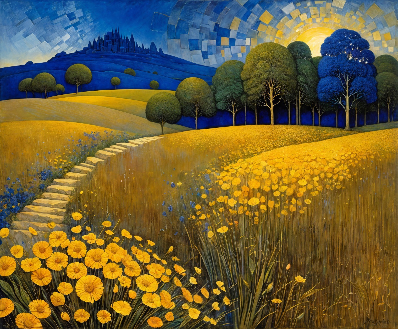 Vibrant Landscape with Stone Path and Castle Silhouette