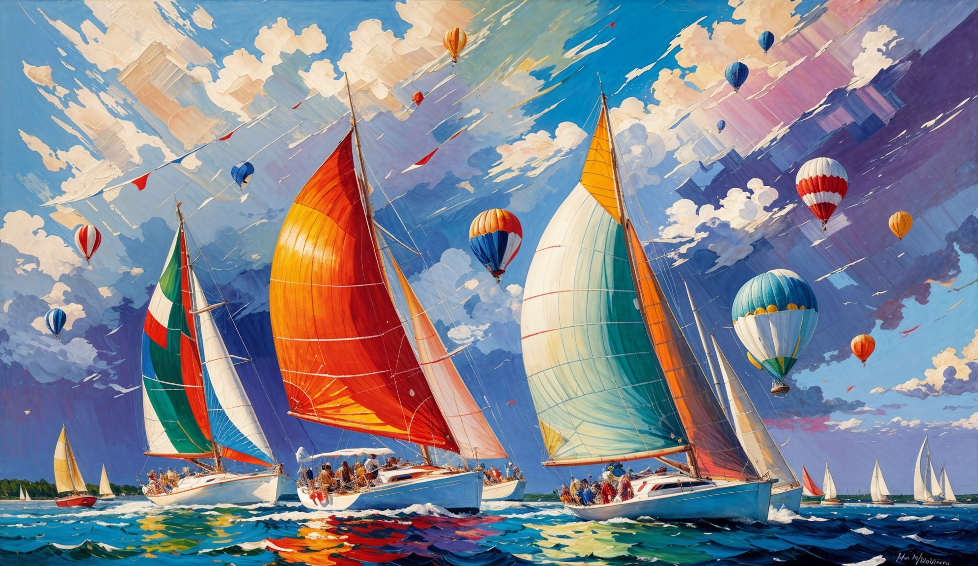 Colorful Sailboats and Hot Air Balloons on Blue Sky