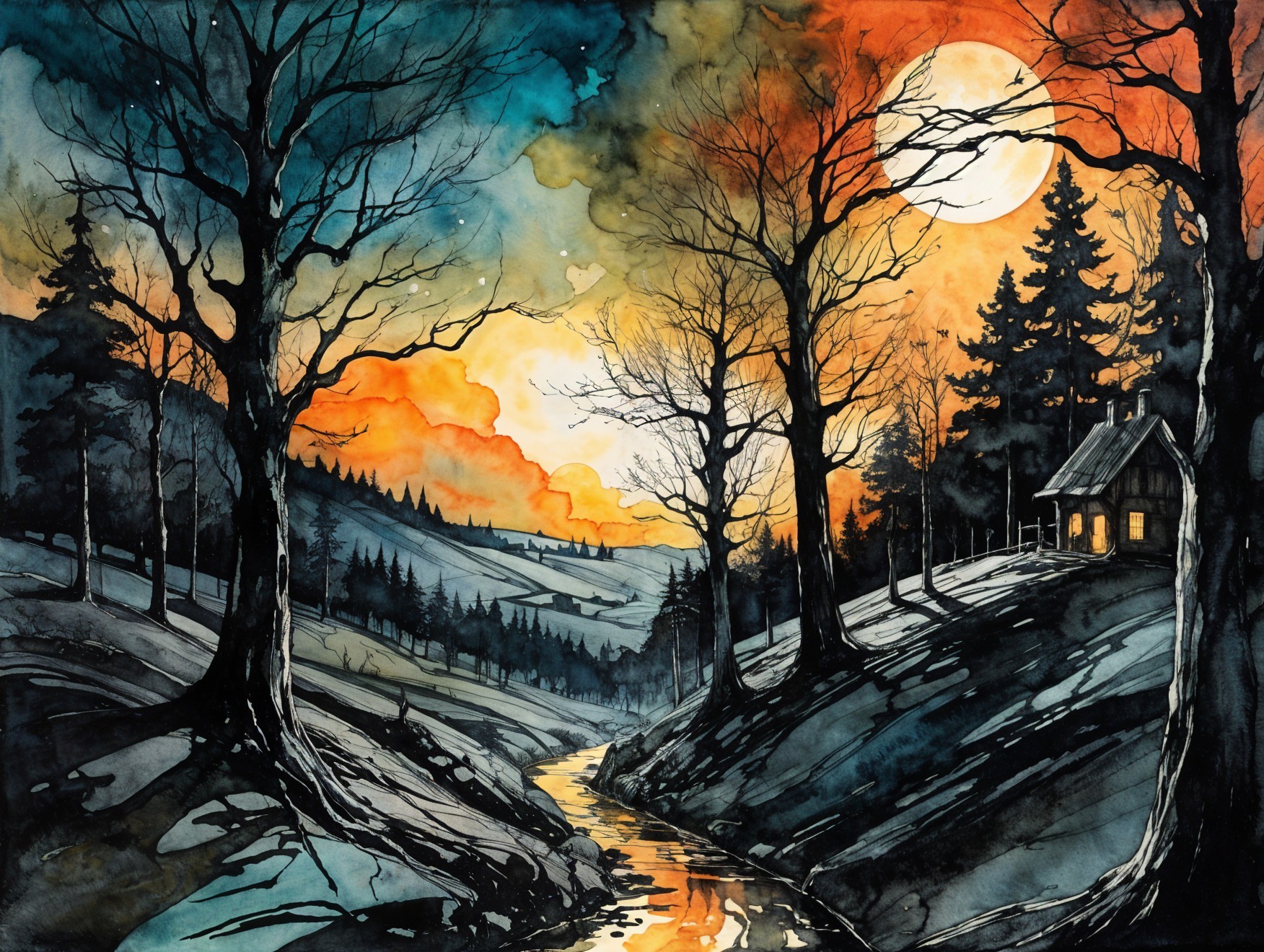 Moonlit Night Watercolor Landscape with Cabin and Stream