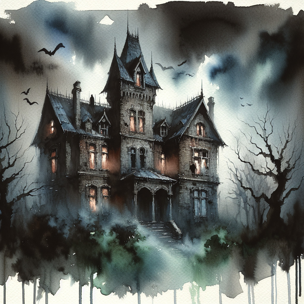 Gothic Mansion Watercolor Illustration in Mist
