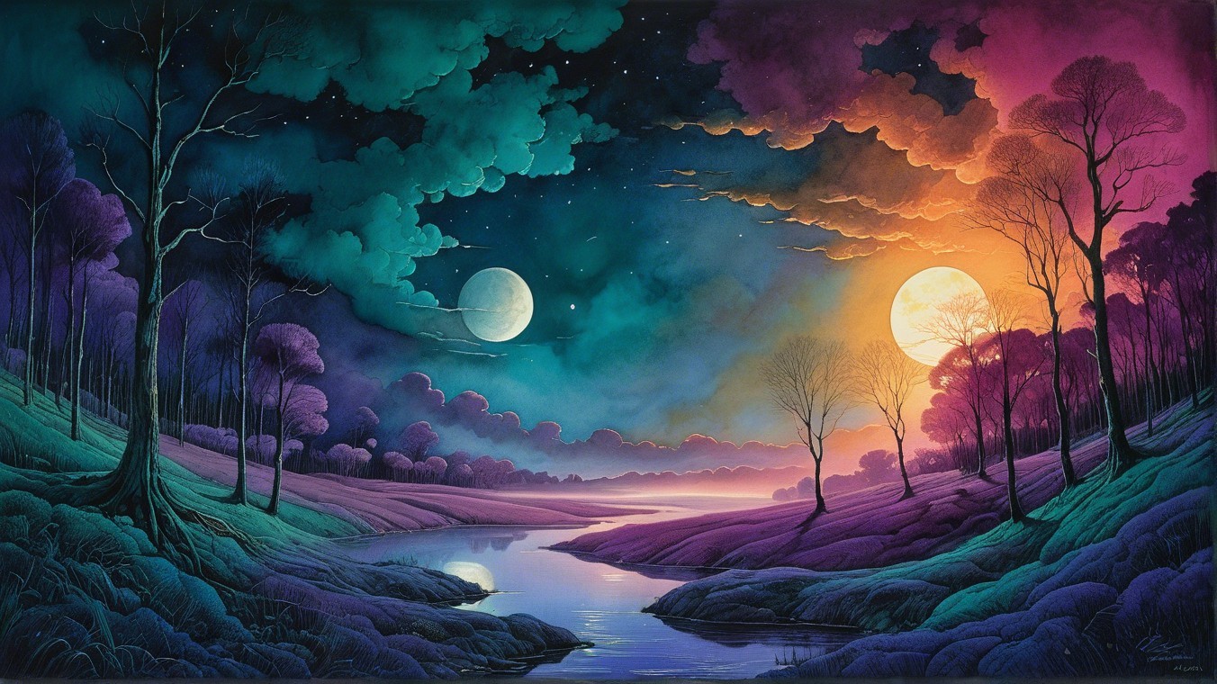 Twilight Landscape with Two Moons and Lush Foliage