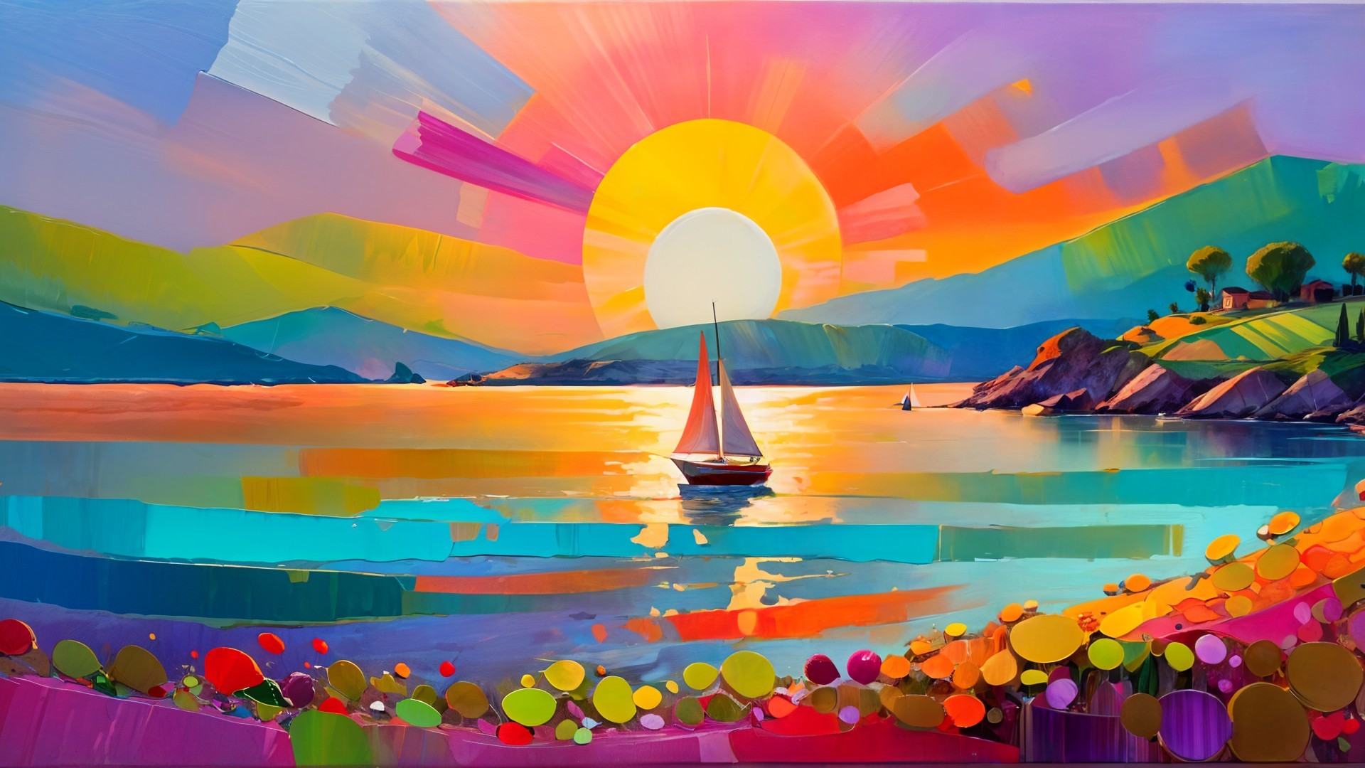 Vibrant Sunset Over Tranquil Sea and Lush Hills