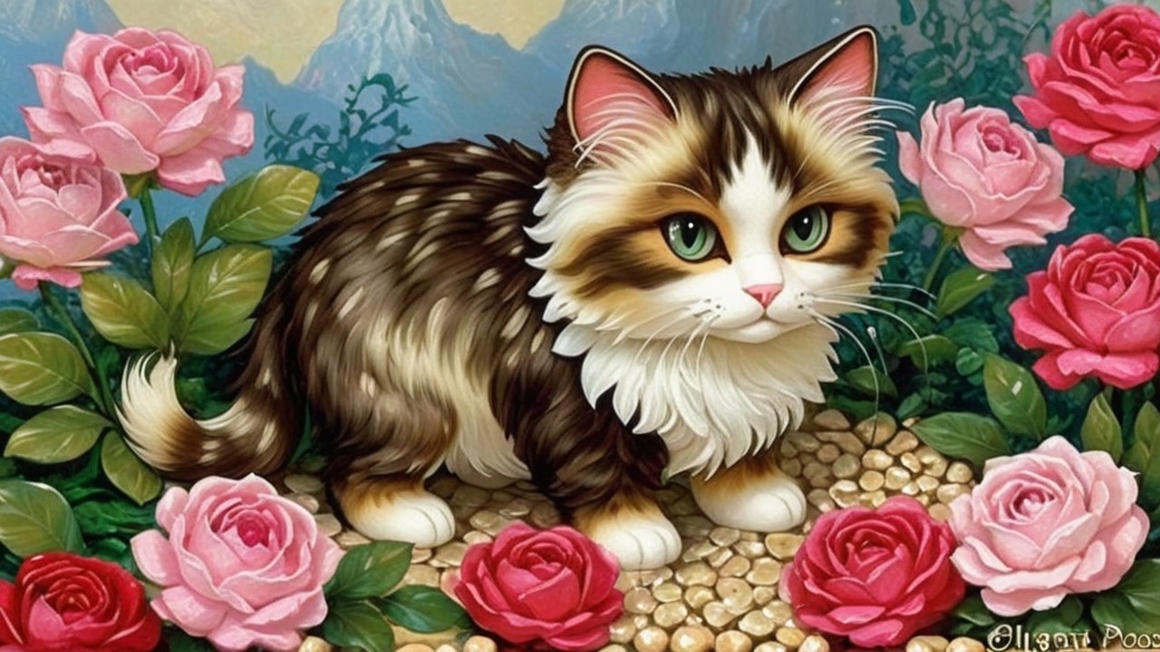 Fluffy Siamese Kitten in Flower Bed with Roses