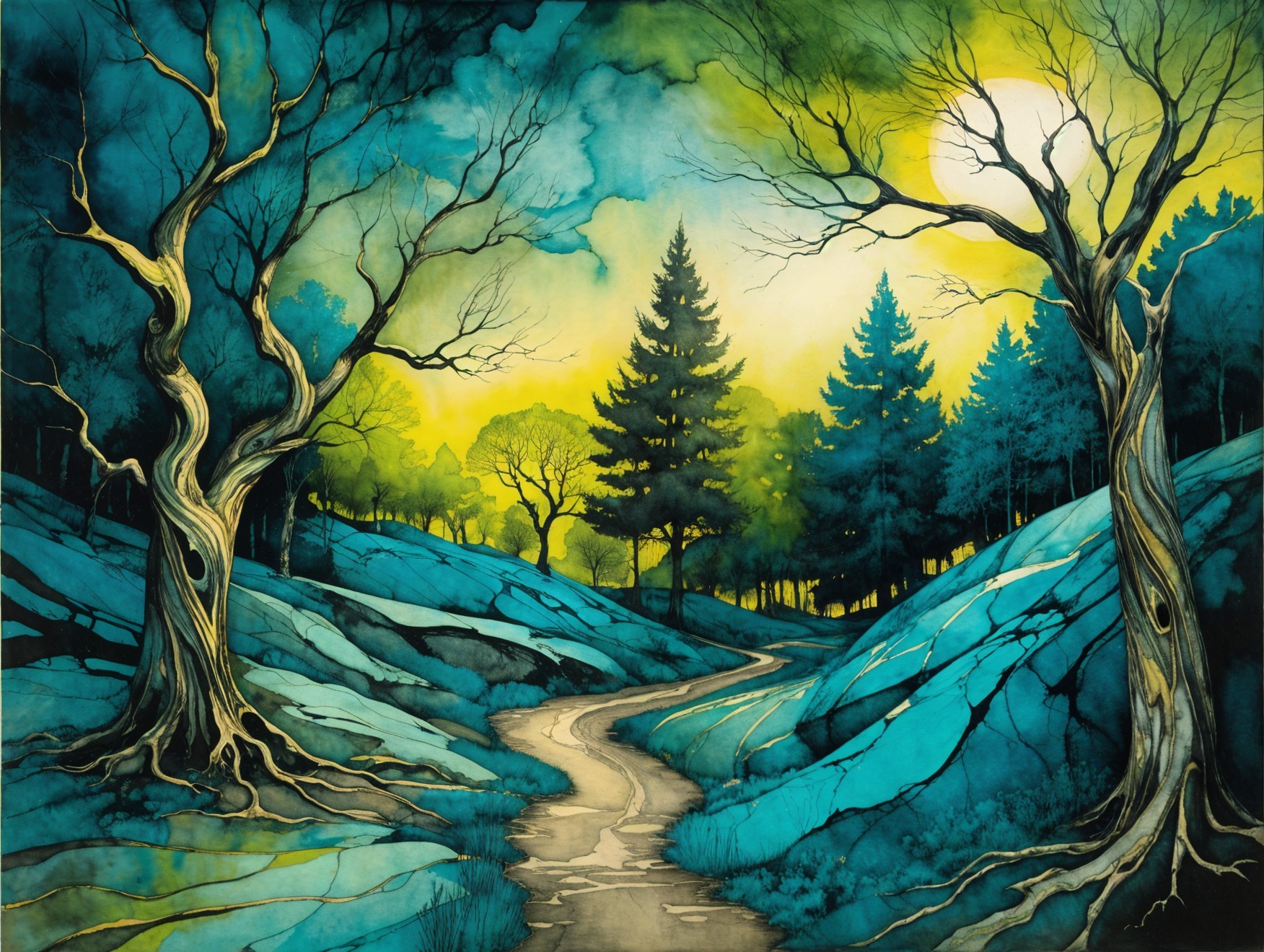 Mystical Landscape with Winding Path and Ethereal Sky