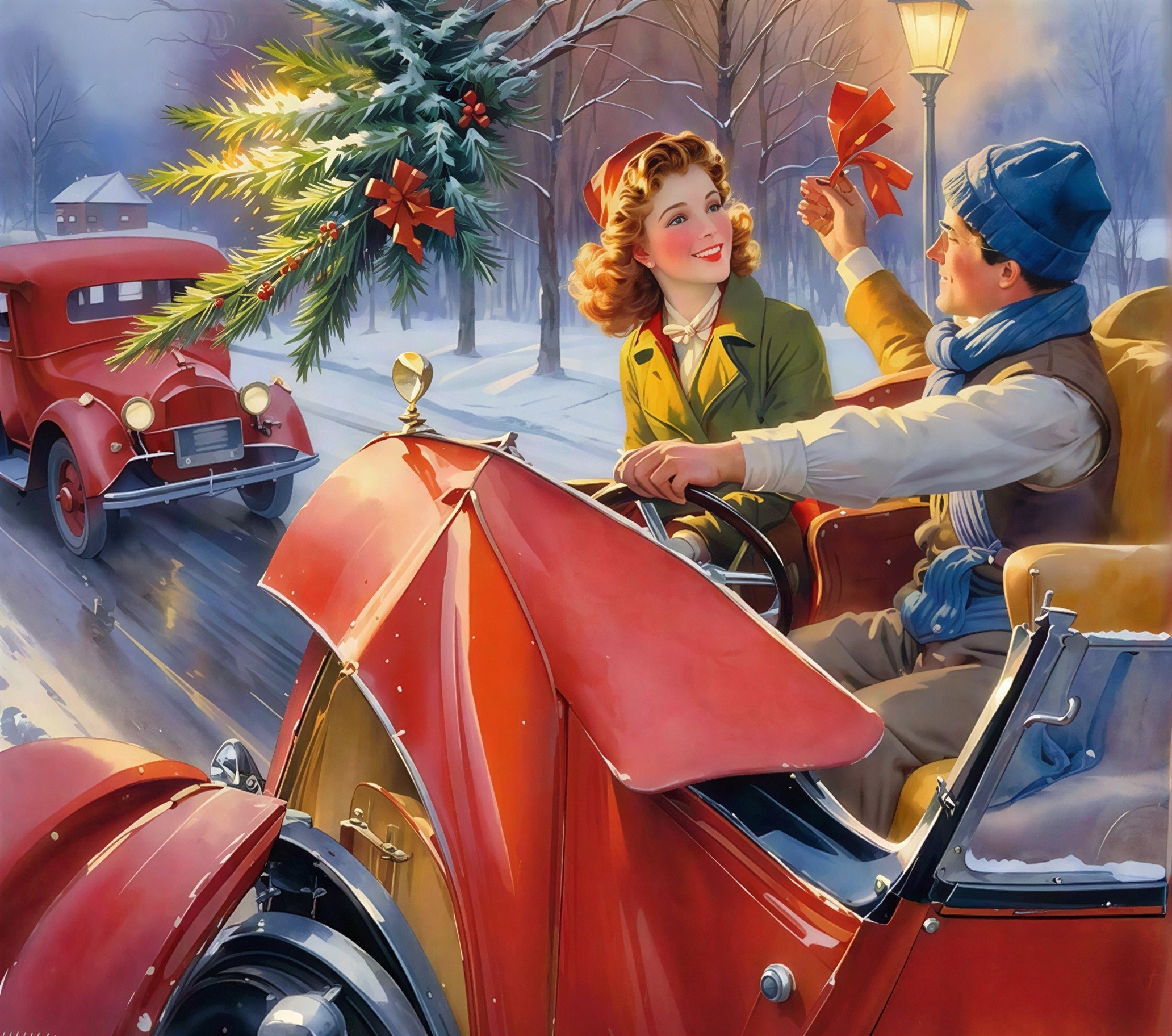 Couple in Vintage Car with Christmas Tree in Snowy Scene