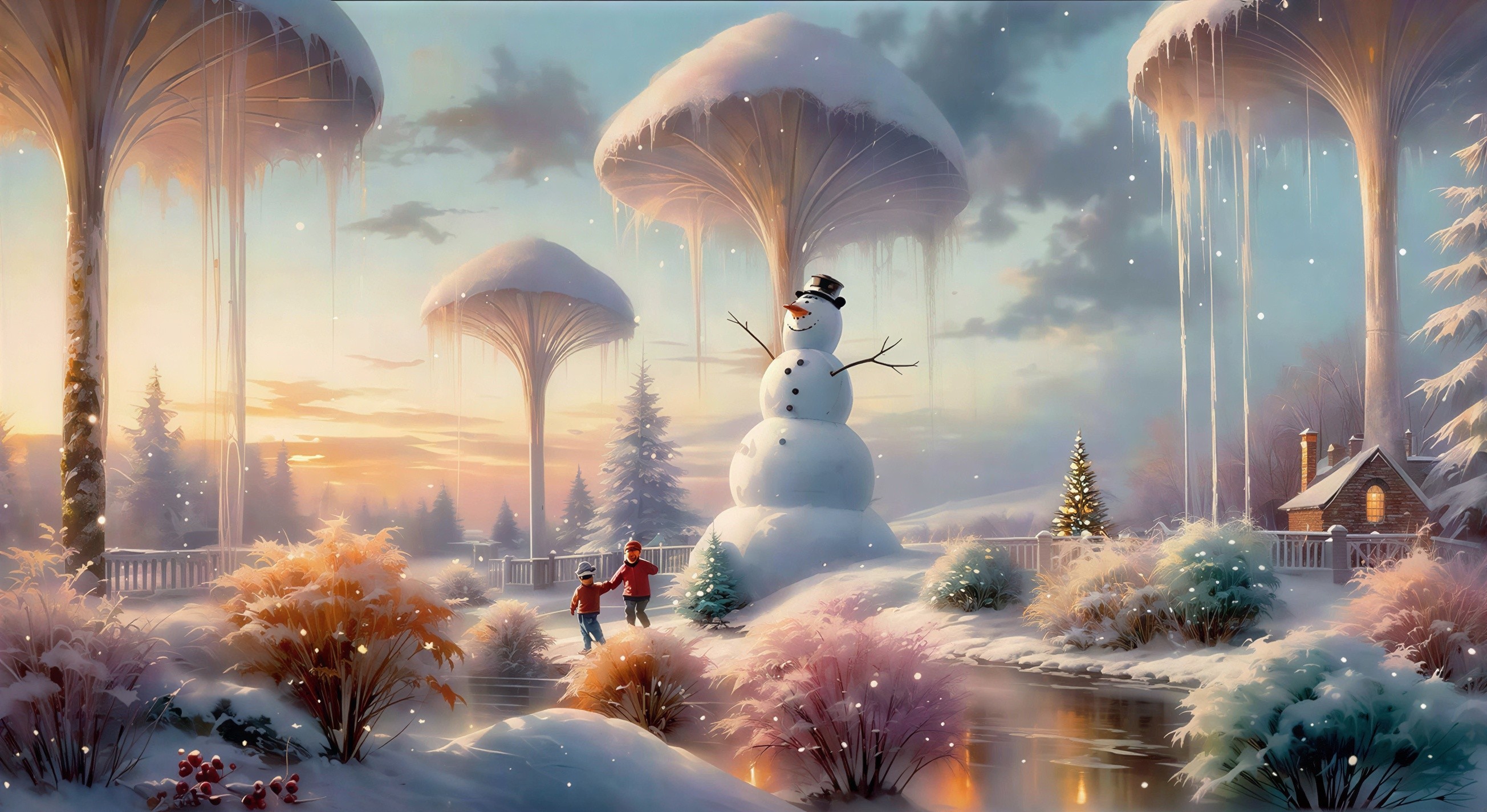 Digital Painting of Children with Snowman in Winter Scene