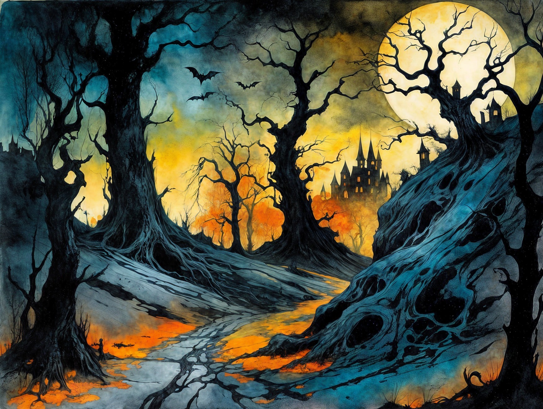 Eerie Landscape with Full Moon and Shadowy Castle