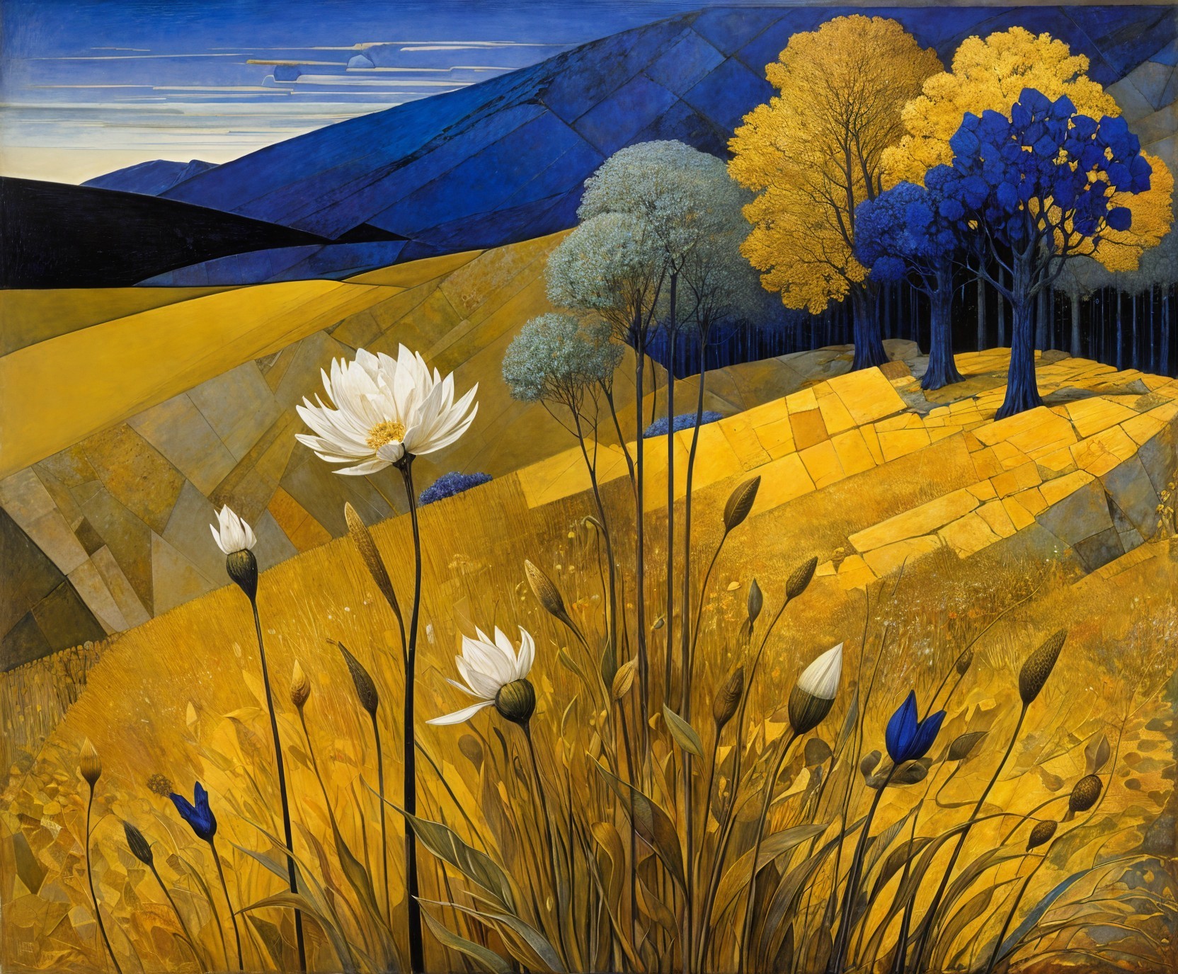 Vibrant Landscape with Golden Hues and Stylized Trees