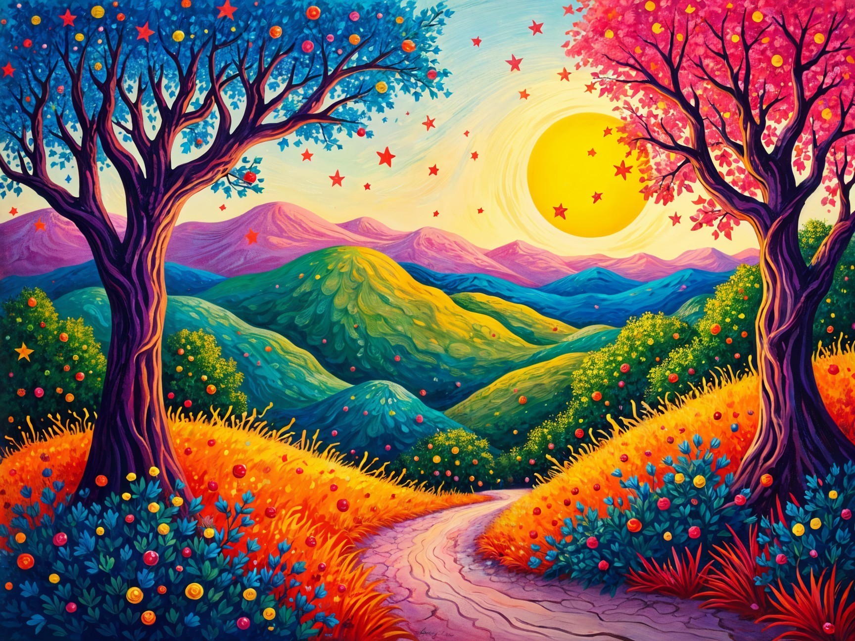 Vibrant Landscape with Colorful Trees and Flowers
