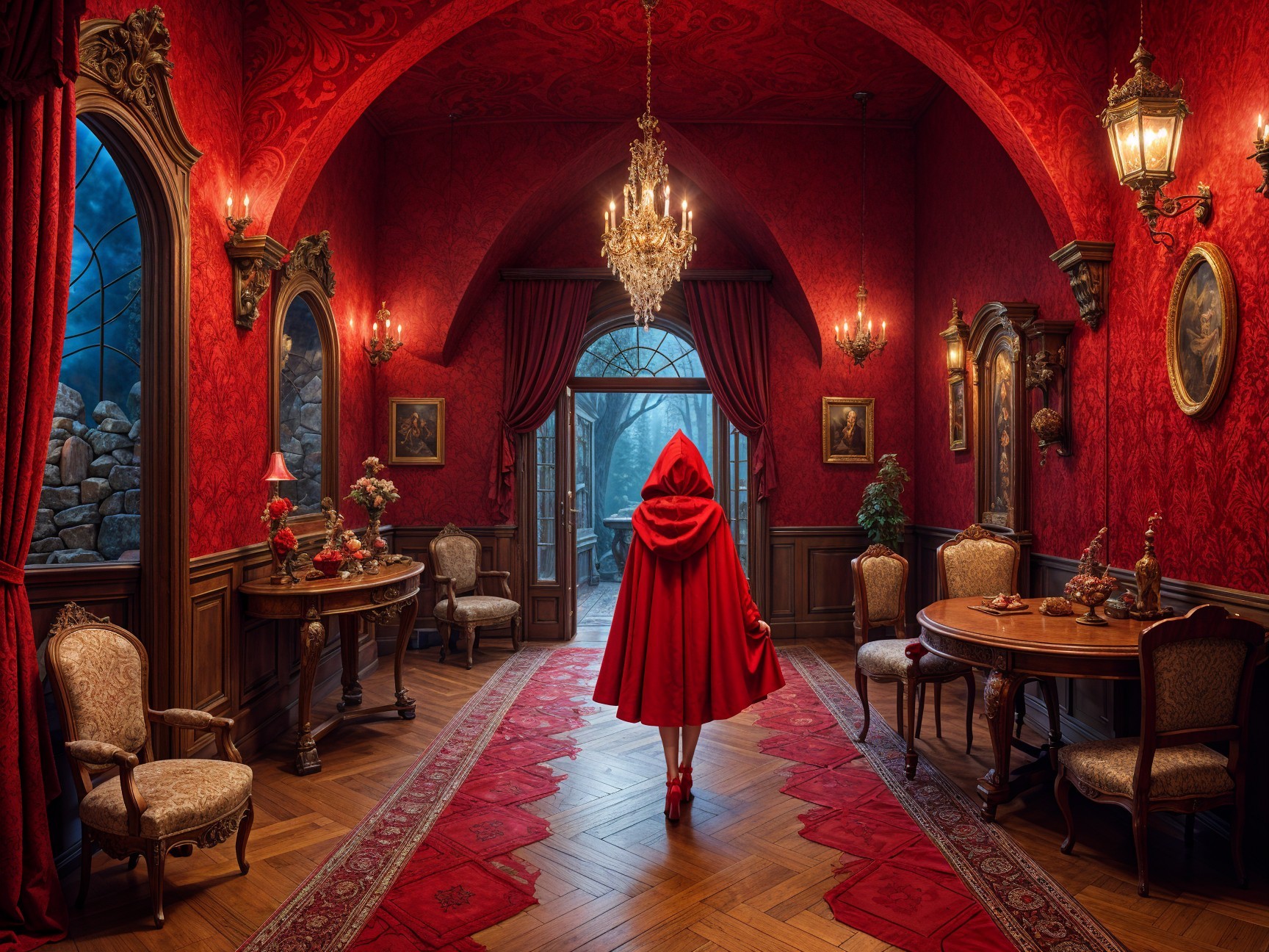 Vibrant Red Cloak in Lavish Dimly Lit Room