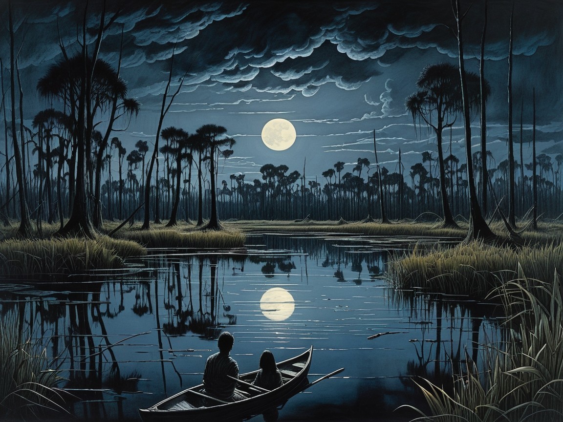 Moonlit Boat on Dark Waterway with Silhouetted Trees
