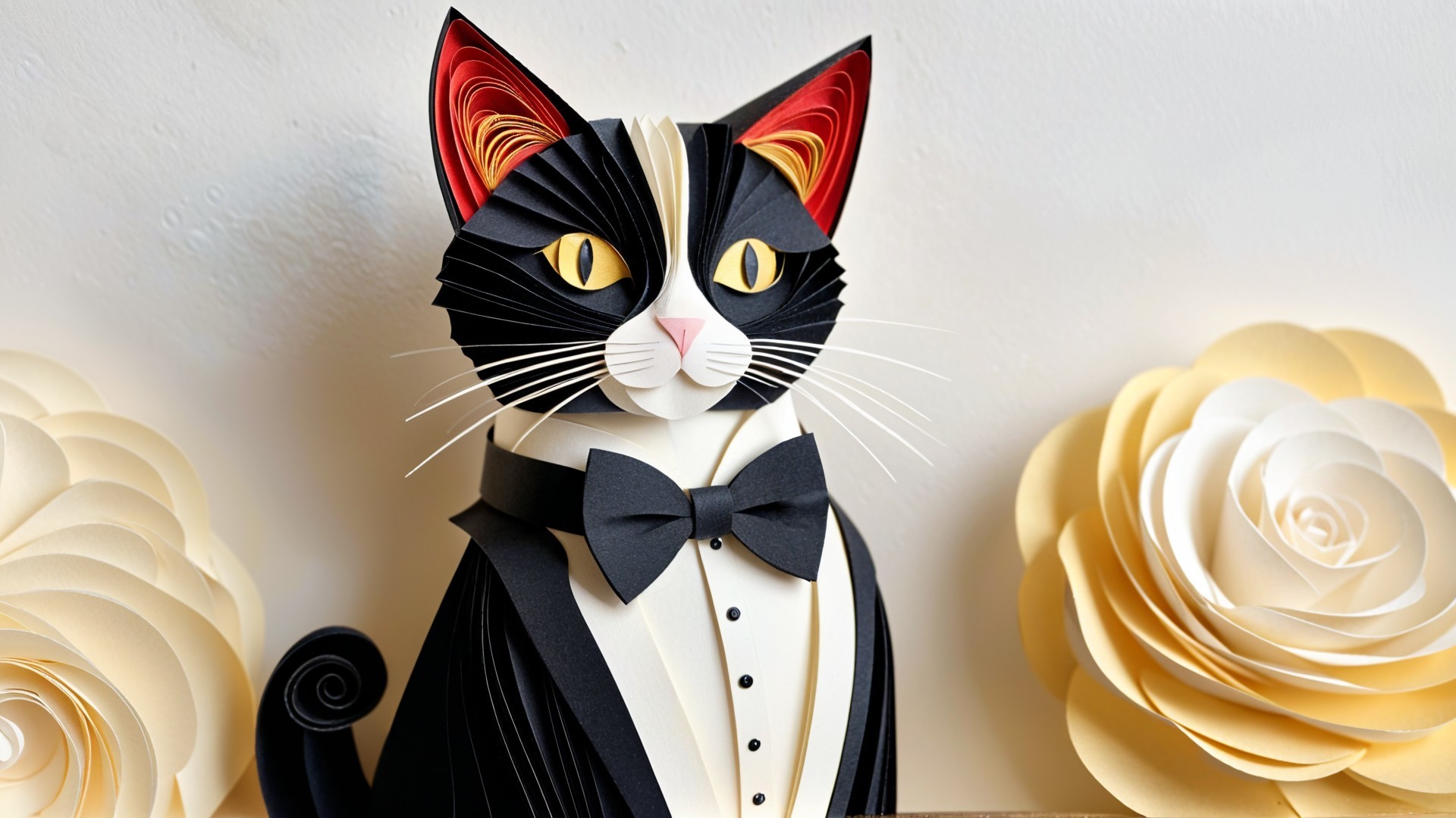 Whimsical Paper Art of Tuxedo Cat with Flowers