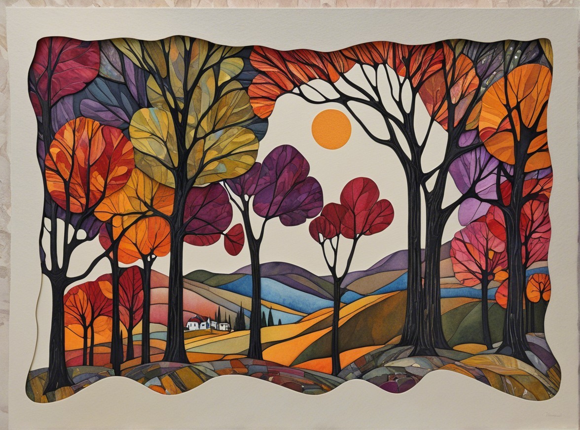 Vibrant Autumn Landscape with Stylized Trees and Hills