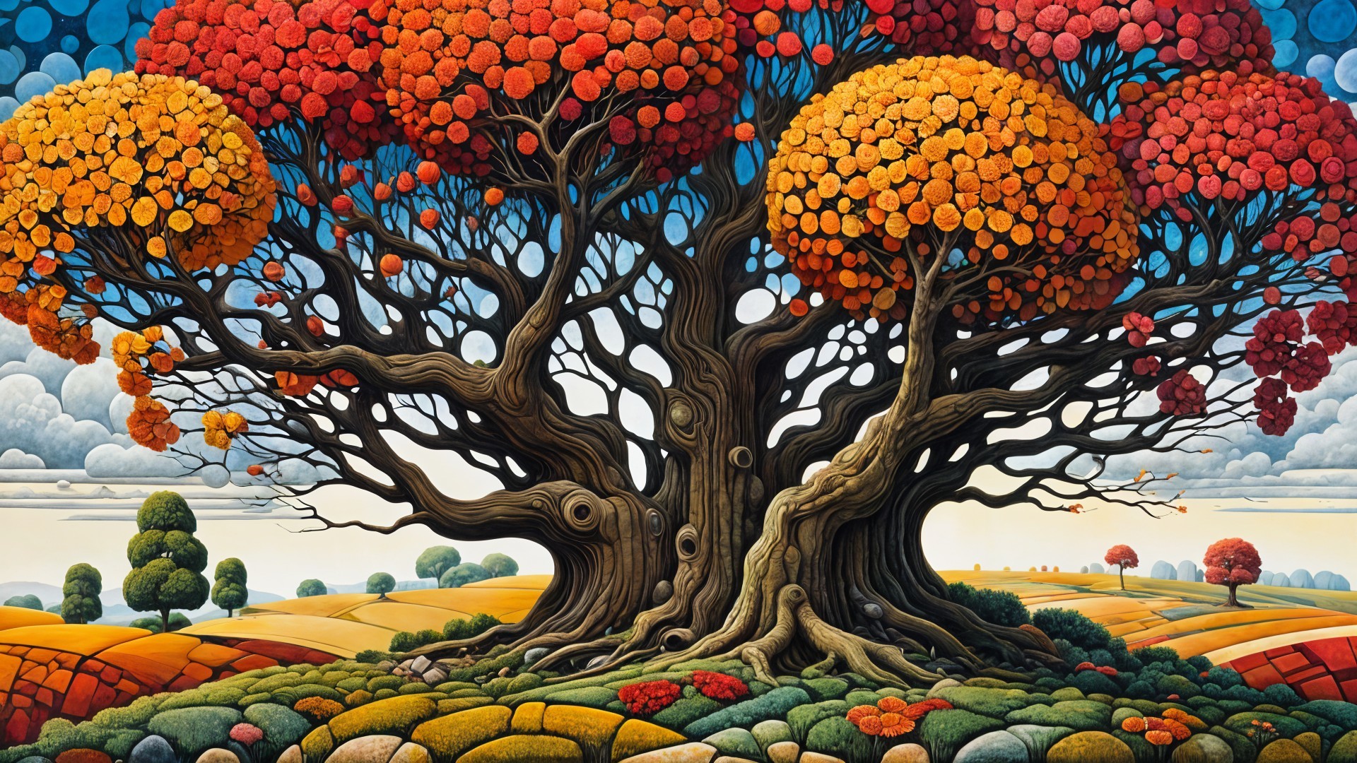 Vibrant Tree with Colorful Foliage and Scenic Landscape