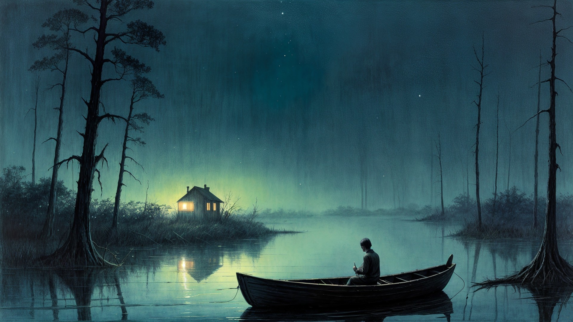 Moonlit Landscape with Figure in Boat and Cabin