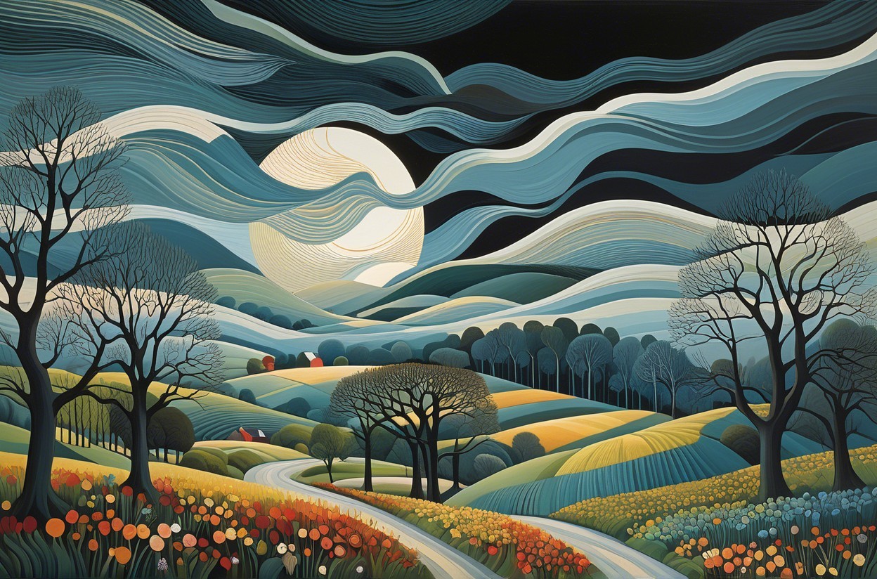 Vibrant Landscape of Rolling Hills and Night Sky