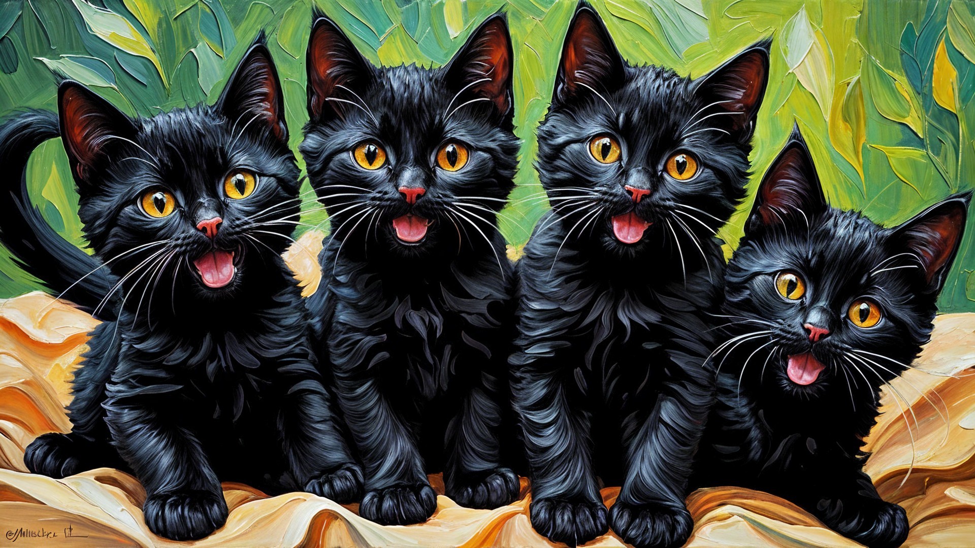 Painting of Four Playful Black Kittens on Gold Surface