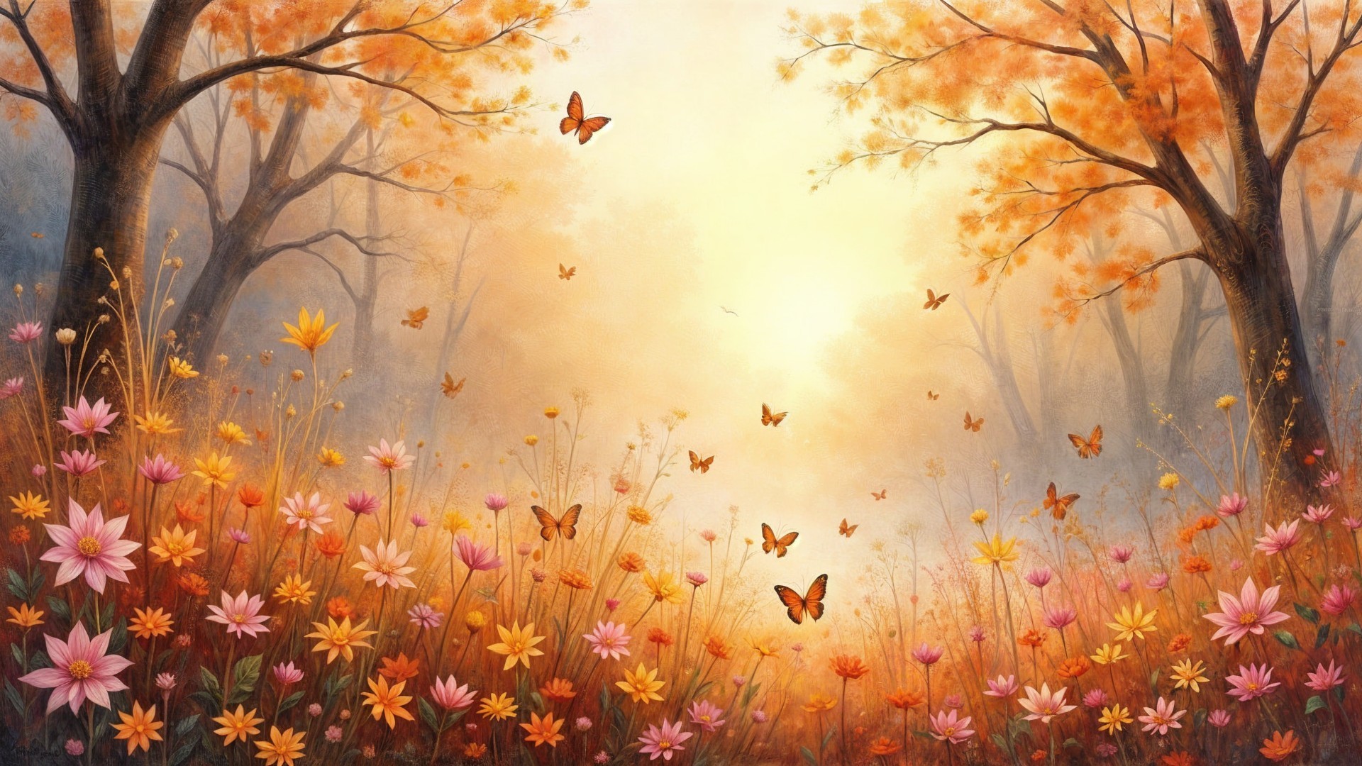 Serene Autumn Landscape with Colorful Flora and Mist