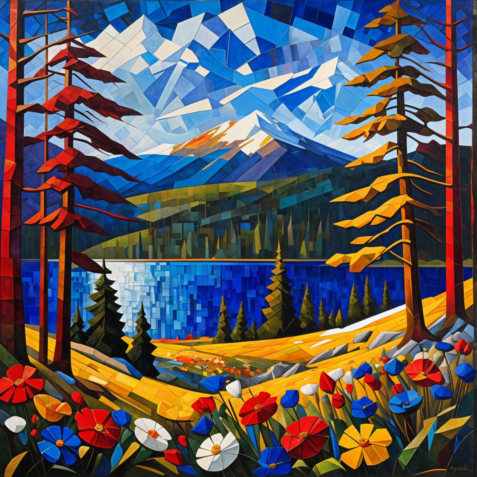 Abstract Landscape with Lake and Colorful Mountains