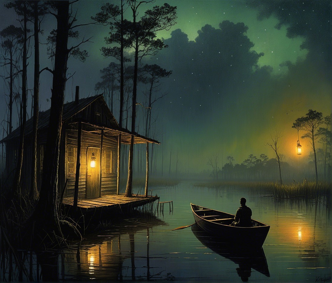 Tranquil Dusk Scene with Cabin and Still Waterway