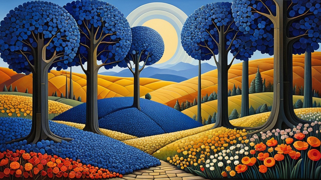Vibrant Landscape with Colorful Fields and Trees
