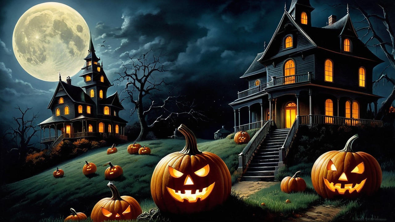 Eerie Halloween Scene with Illuminated Houses and Jack-o'-Lanterns