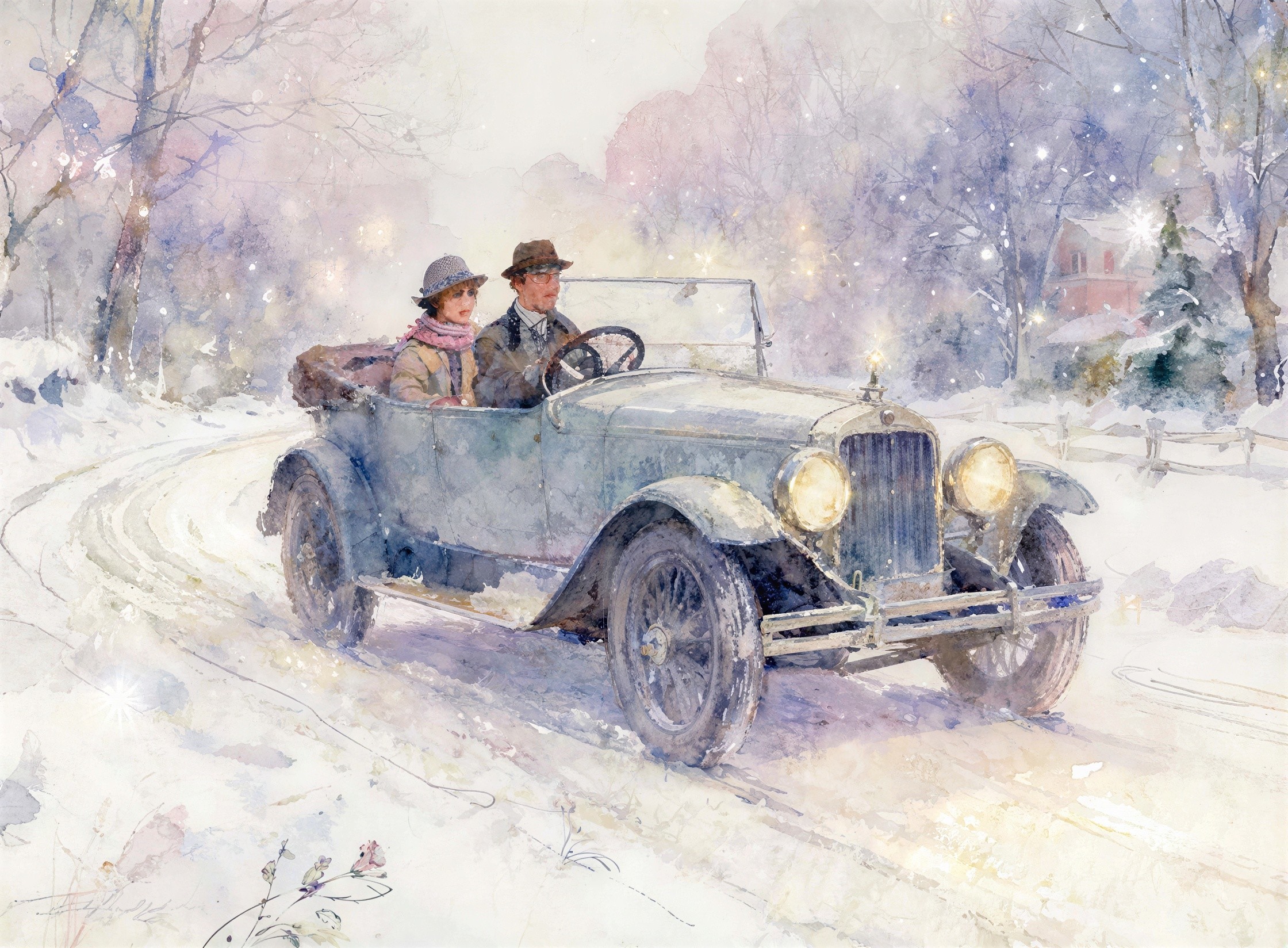 Watercolor of Couple in Vintage Car on Snowy Road