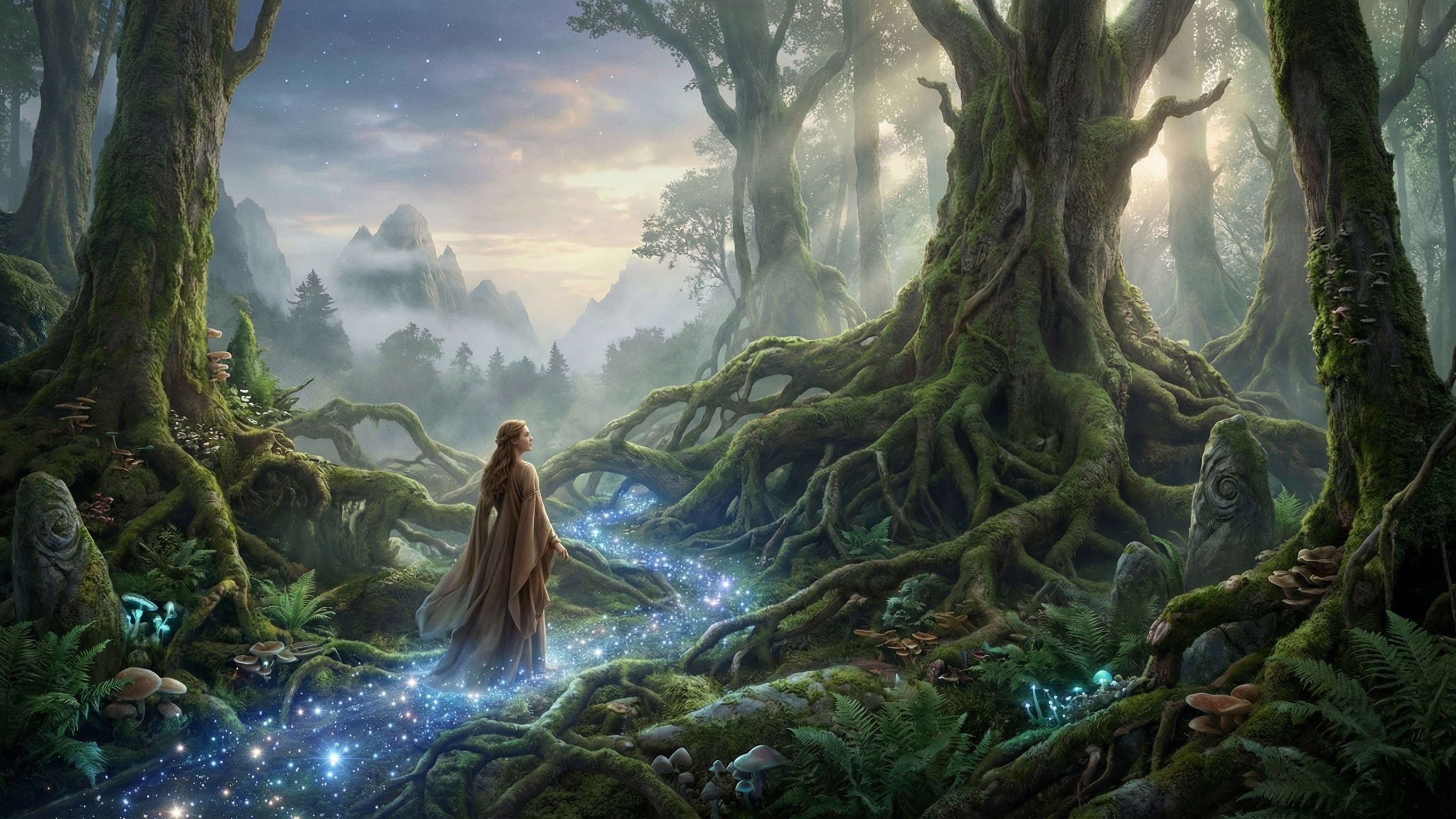 Elven Woman Walking on Celestial River in Fantasy Forest