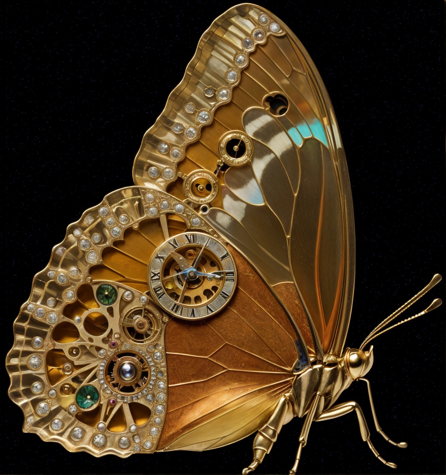 Butterfly with Golden Body and Jewel-Adorned Wings